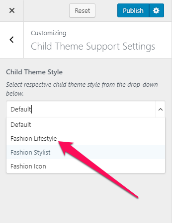 Child theme settings