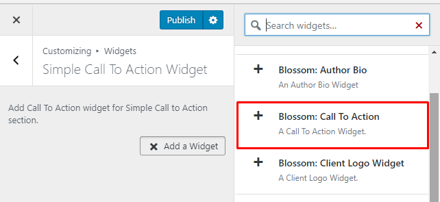 Select Blossom Call to action widget