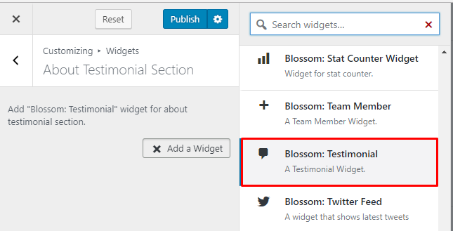 Select Blossom Testimonial widget for about page