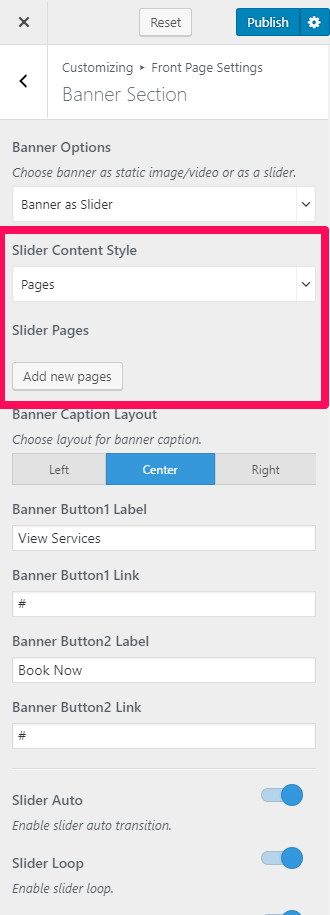 Pages as slider blossom spa pro