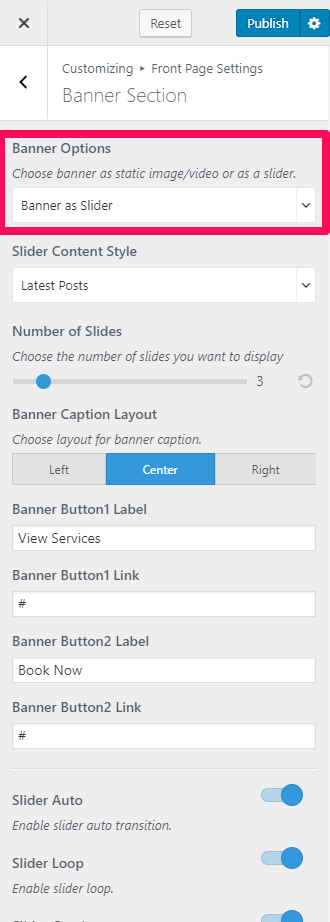 configure banner as slider blossom spa pro