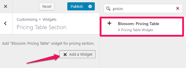 pricing table widget blossom spa pro