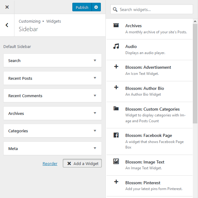 Configure sidebar widgets from customizer blossom themes