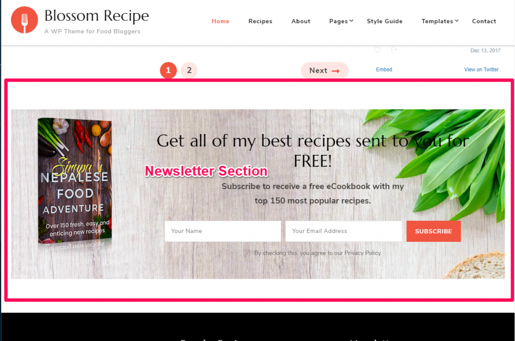 Newsletter Section demo blossom recipe