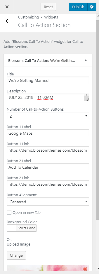 Configure call to action section blossom wedding pro