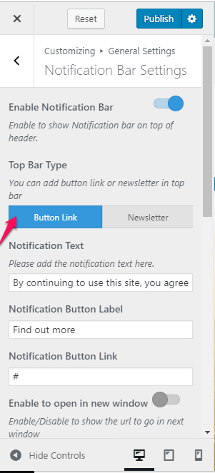 notification bar - button link