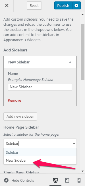 select custom sidebar